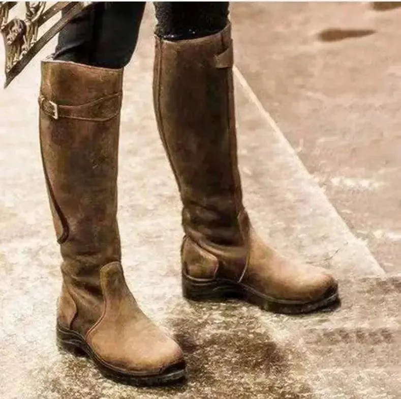 Riding Western Boots Winter Knee High Block Heel Round Toe Shoes For Women