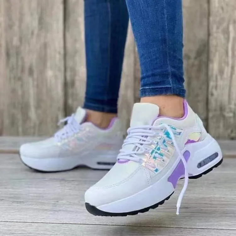 Womens Athletic Shoes  Breathable Mesh  Wedge Heel  Cushioned Sole  Lace-Up Fit