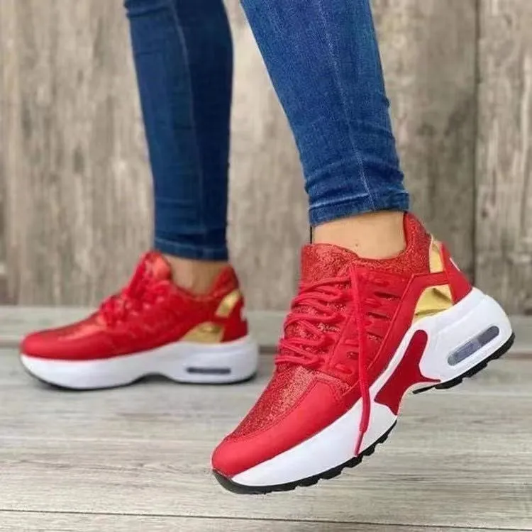 Womens Athletic Shoes  Breathable Mesh  Wedge Heel  Cushioned Sole  Lace-Up Fit