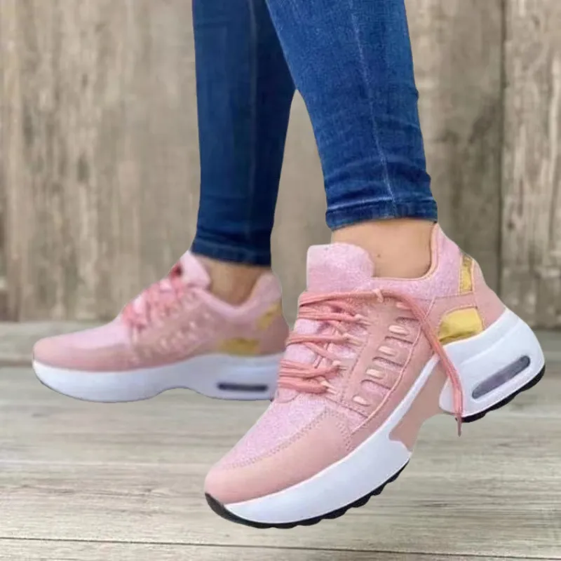 Womens Athletic Shoes  Breathable Mesh  Wedge Heel  Cushioned Sole  Lace-Up Fit